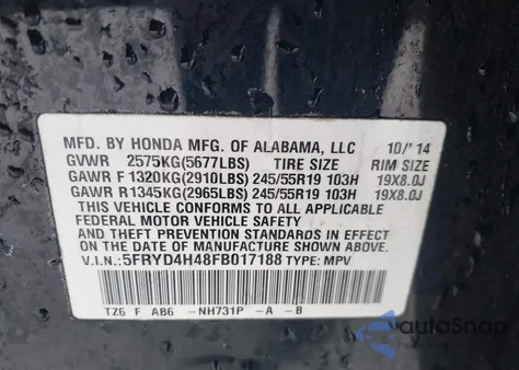 2015 Acura Mdx Technology Package from USA, damaged, VIN 5FRYD4H48FB017188